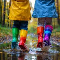 ai gegenereerd kinderen in kleurrijk regen laarzen staand in plas foto
