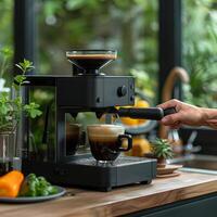 ai gegenereerd persoon gebruik makend van koffie maker Aan teller foto