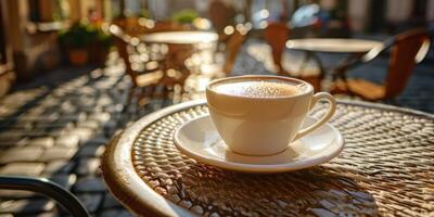 ai gegenereerd een kop van koffie Aan tafel foto