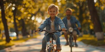 ai gegenereerd jong jongen rijden fiets met ouder Mens foto