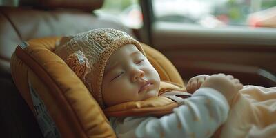 ai gegenereerd klein kind slapen in auto stoel foto