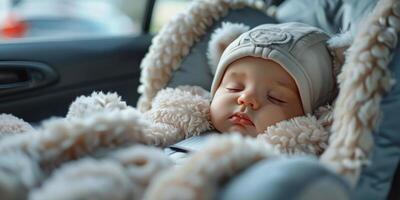 ai gegenereerd baby slapen in auto stoel met hoed foto