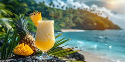 ai gegenereerd ananas drinken met uitzicht oceaan foto