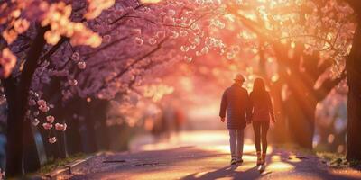 ai gegenereerd twee mensen wandelen naar beneden pad met bomen foto