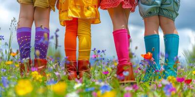 ai gegenereerd groep van meisjes staand in veld- van bloemen foto