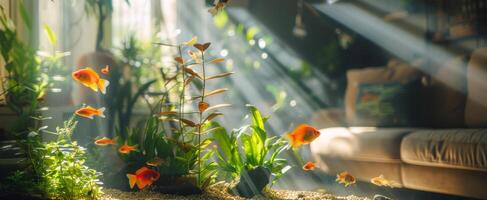 ai gegenereerd overvloedig planten en bloemen in leven kamer foto