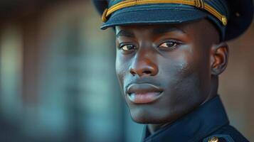 ai gegenereerd dichtbij omhoog van persoon in uniform foto