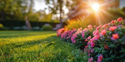 ai gegenereerd zon schijnend door bomen en bloemen foto