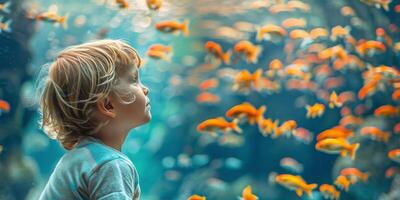 ai gegenereerd jong jongen observeren vis tank foto