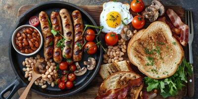 ai gegenereerd bord van voedsel met eieren, spek, tomaten, en brood foto