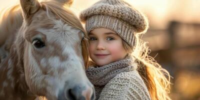 ai gegenereerd jong meisje knuffelen paard in veld- foto