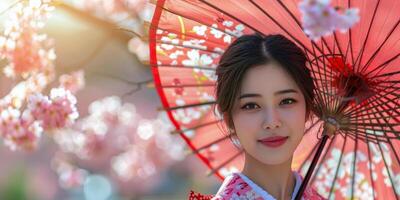 ai gegenereerd vrouw in kimono Holding rood paraplu foto