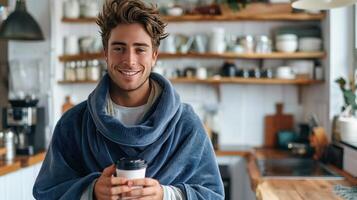 ai gegenereerd een jong Mens verpakt in een donker blauw bad handdoek staat in een wit minimalistische keuken en houdt een kop van koffie foto