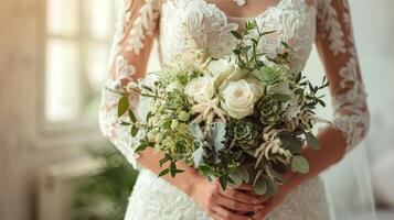 ai gegenereerd bruid Holding boeket van bloemen en groen foto