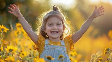 ai gegenereerd weinig meisje staand in veld- van zonnebloemen foto