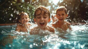 ai gegenereerd kinderen spelen in een zwemmen zwembad foto