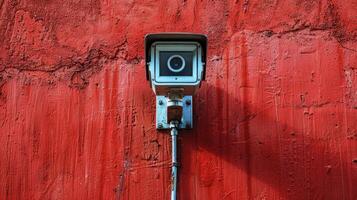 ai gegenereerd camera gemonteerd Aan kant van rood muur foto