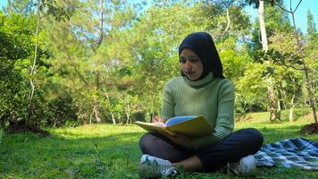 ontspannen moslim vrouw genieten van weekend Bij park, zittend Aan gras en schrijven boek, leeg ruimte foto