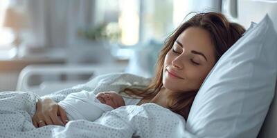 ai gegenereerd vrouw houdende in bed met hoofd Aan hoofdkussen foto