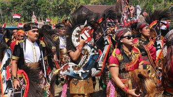 reog traditioneel dans van Indonesië Bij de Indonesisch onafhankelijkheid dag carnaval evenement. foto