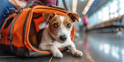 ai gegenereerd klein bruin hond zittend Aan top van transportband riem foto