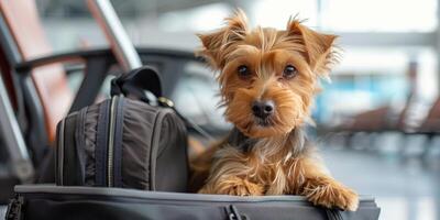 ai gegenereerd klein bruin hond zittend in bagage foto