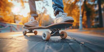 ai gegenereerd persoon rijden skateboard naar beneden stad straat foto