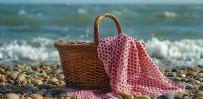 ai gegenereerd rieten mand Aan de strand met roze polka punt picknick deken foto