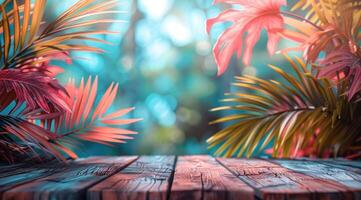 ai gegenereerd houten tafel met kleurrijk palm bladeren Aan een vlak strand achtergrond foto