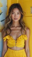 ai gegenereerd vrouw in geel jurk leunend tegen geel muur foto