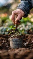 ai gegenereerd persoon Holding een fabriek in een pot foto