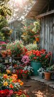 ai gegenereerd vrouw geknield naar beneden naar plukken omhoog een ingemaakt fabriek foto