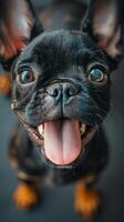 ai gegenereerd klein zwart hond met tong uit foto