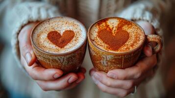 ai gegenereerd twee handen Holding twee mokken van koffie met harten foto