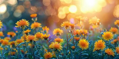 ai gegenereerd veld- van geel bloemen met zon in achtergrond foto