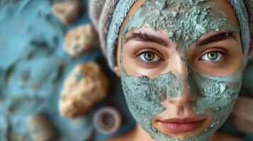 vrouw met handdoek Aan hoofd en gezicht masker foto