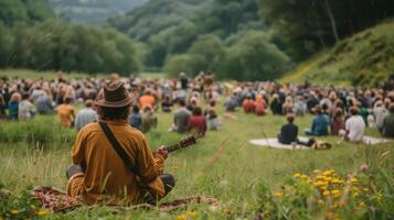 Mens zittend in veld- met gitaar foto