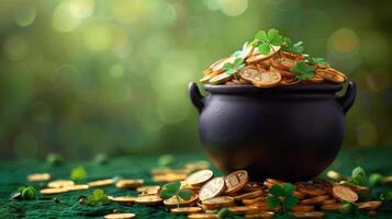 pot van goud munten Aan groen tafel foto