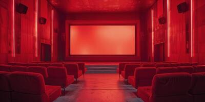 leeg theater met rood stoelen en projector scherm foto