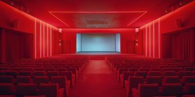 leeg theater met rood stoelen en projector scherm foto