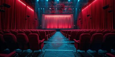 leeg theater met rood gordijnen en stoelen foto