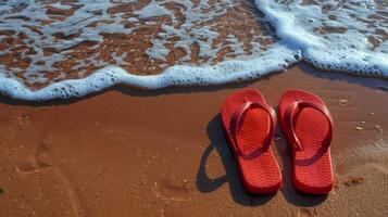 rood omdraaien flops Aan zanderig strand foto