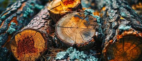 ai gegenereerd een levendig stapel van vers besnoeiing brandhout logboeken weergeven een spectrum van kleuren en gedetailleerd hout graan texturen foto