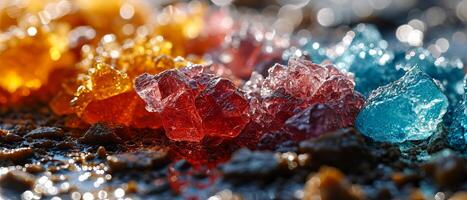 ai gegenereerd een levendig rangschikking van gekleurde kristal suikers in dichtbij detail, sprankelend onder zonlicht foto