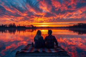 ai gegenereerd een paar zit nauw Aan een dok, verpakt in een deken, aan het kijken een verbijsterend zonsondergang met levendig wolken weerspiegeld Aan de water foto