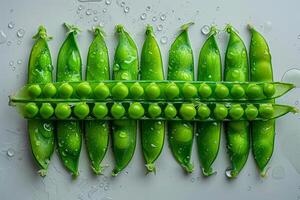 ai gegenereerd vers groen erwten in een peul geregeld netjes in een rij, met water druppels Aan een wit rustiek achtergrond foto