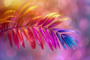 ai gegenereerd tropisch palm blad met levendig helling holografische kleuren Aan een minimalistische pastel achtergrond. foto