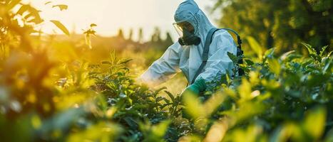 ai gegenereerd een boer, gekleed in beschermend kleding en zwaaiende Geavanceerd sproeien apparatuur, is van toepassing milieuvriendelijk pesticiden, beveiligen beide gewassen en natuur foto