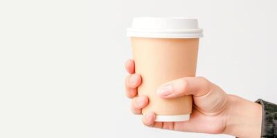 ai gegenereerd een personen hand- aangrijpend een bruin papier koffie kop met een wit deksel, symboliseert stedelijk levensstijl en milieuvriendelijk keuzes foto