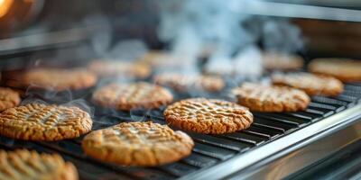 ai gegenereerd heerlijk koekjes met stoom- stijgende lijn, wijzend op ze zijn beide van de oven. foto